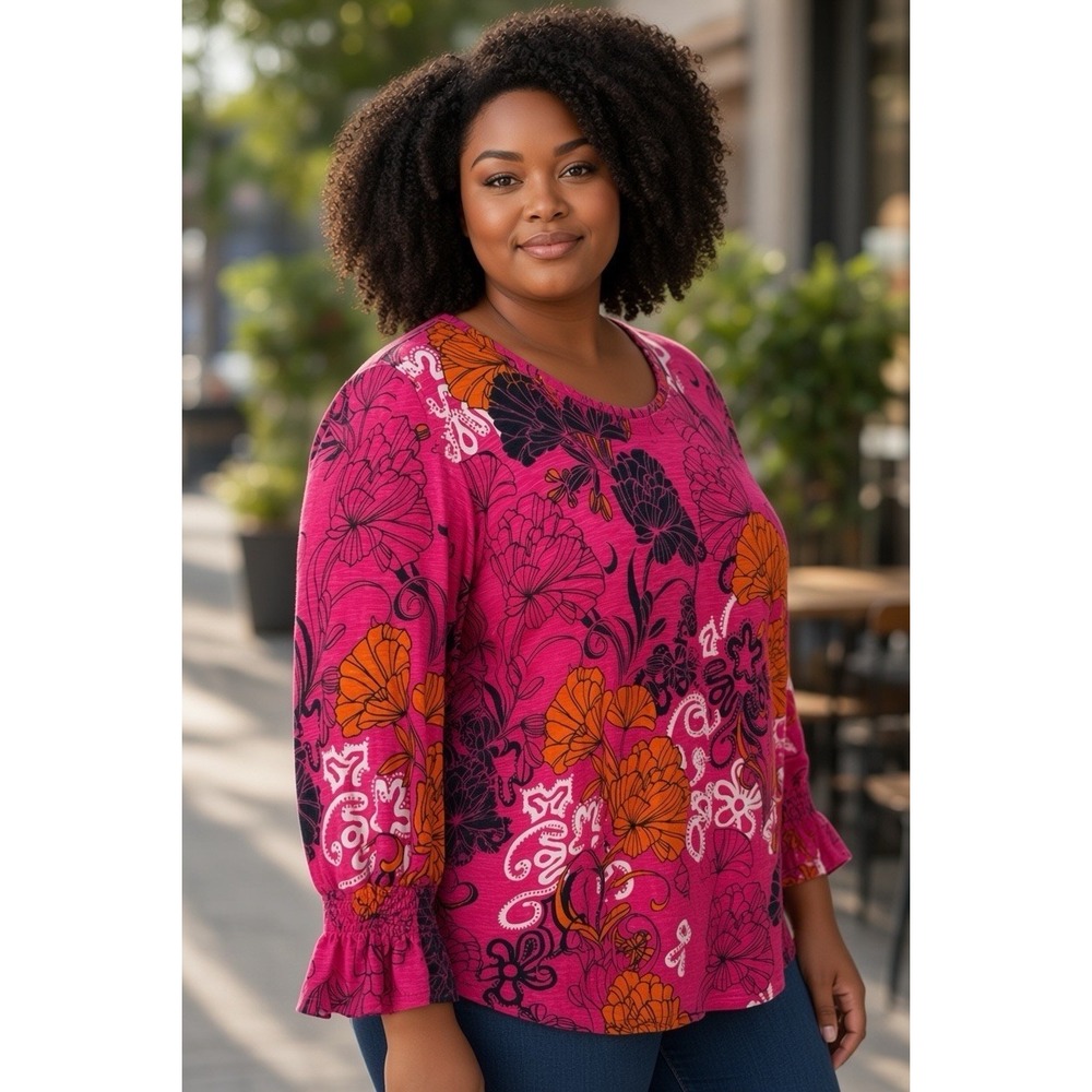 Chico's Size 2/US Large Knit 3/4 Smocked Sleeve Tee Casual Pink NWOT
